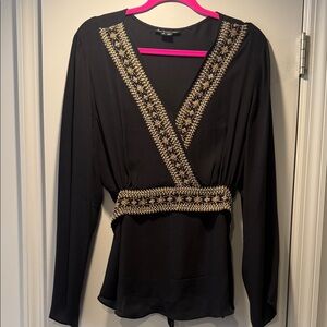 ECI Black V-Neck Blouse with Gold Bead Embellishment